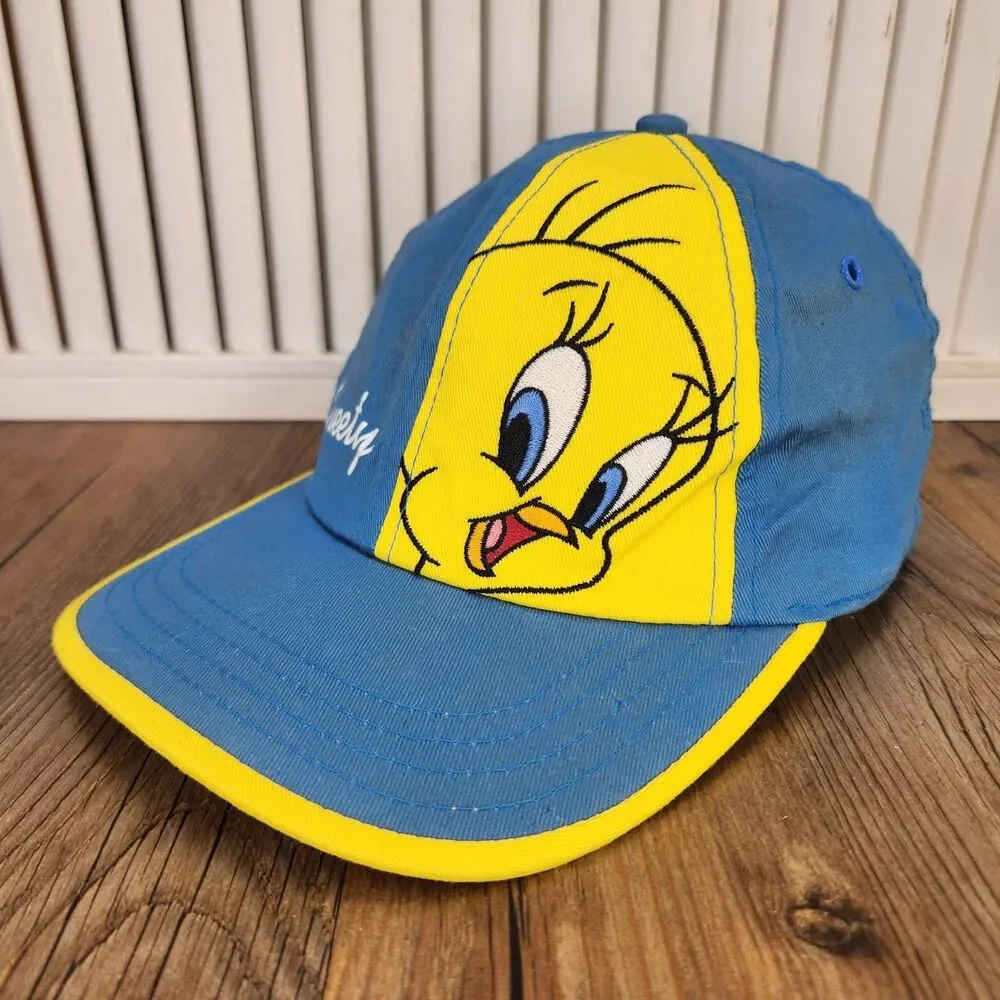 VTG 90s Looney Tunes Tweety Bird Snapback Hat Blue Yellow Adjustable Youth Cap